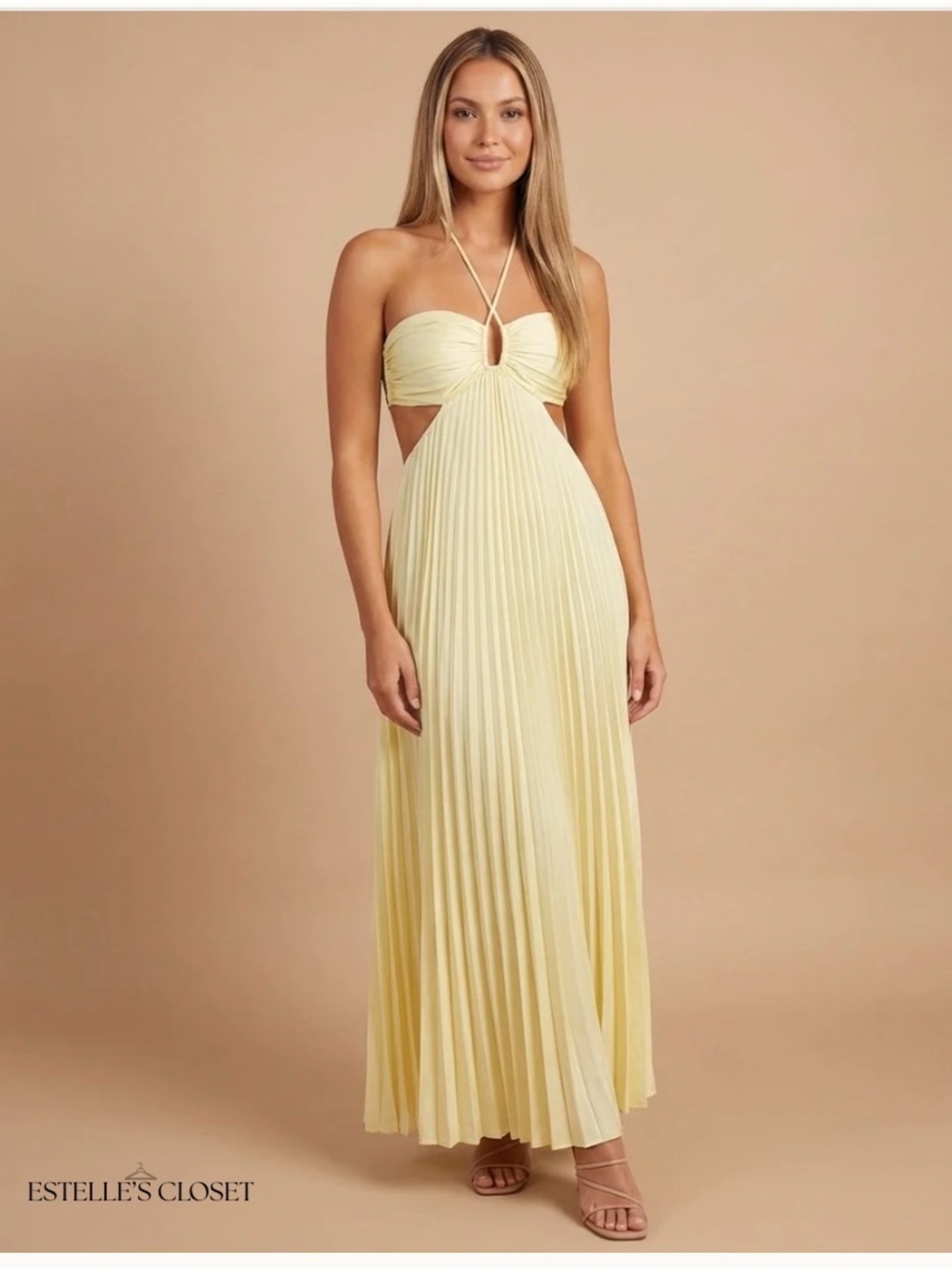 Estella's Closet Light Yellow Pleated Halter Maxi Dress